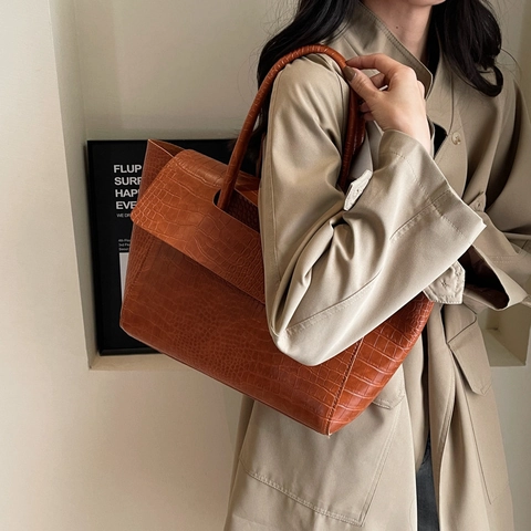 Bolso Tote De Cuero PU Con Patrón De Cocodrilo Gran Capacidad Bolso De Mano Negocios Simple Casual Para Mujeres