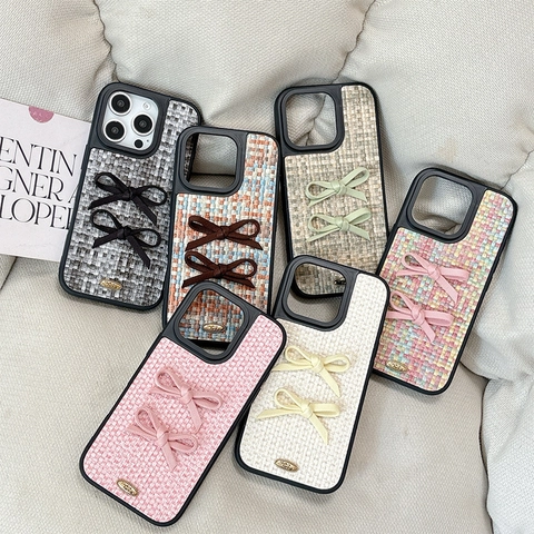 Coque De Téléphone Antichoc Tissu Tweed Double Nœud Étiquette Métallique Élégante Style Doux Pour iPhone