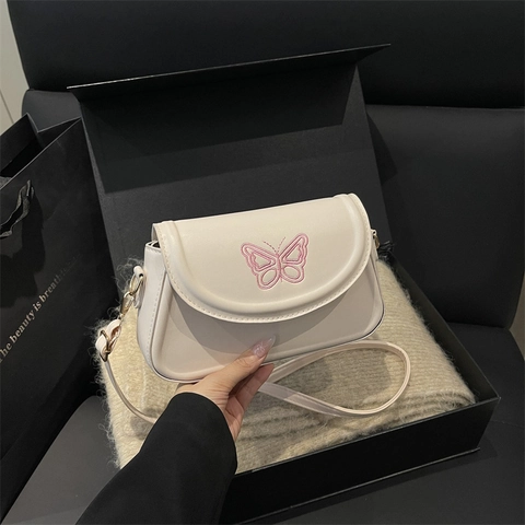 Damen Schmetterling Stickerei PU Leder Schultertasche Kleine Klappe Umhängetasche Mit Verstellbarem Riemen Für Den Alltag
