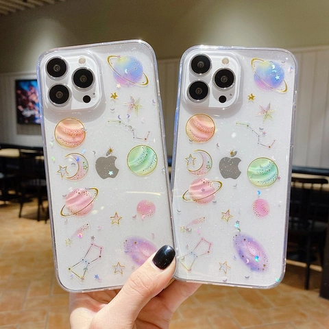 Funda Transparente Para Teléfono Con Patrón De Planeta Cielo Estrellado Brillo Antichoque TPU Tema Cósmico De Ensueño