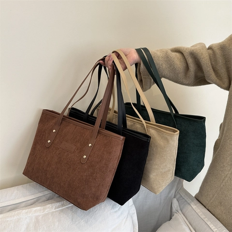 Women Corduroy Tote Bag Large Capacity Casual Shoulder Bag Vintage Solid Color Contrast Leather Handle Commuter Handbag