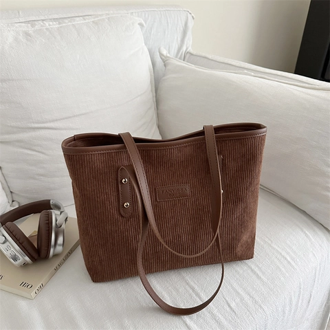 Women Large Capacity Corduroy Tote Bag Casual Solid Color Commuting Shoulder Bag Vintage Handbag With Metal Rivets