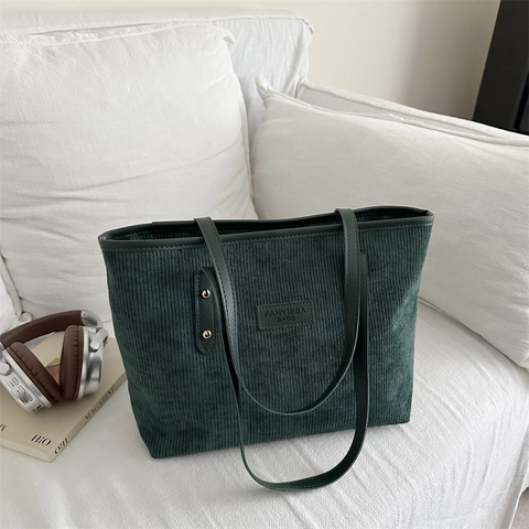 Women Large Capacity Corduroy Tote Bag Casual Solid Color Commuting Shoulder Bag Vintage Handbag With Metal Rivets