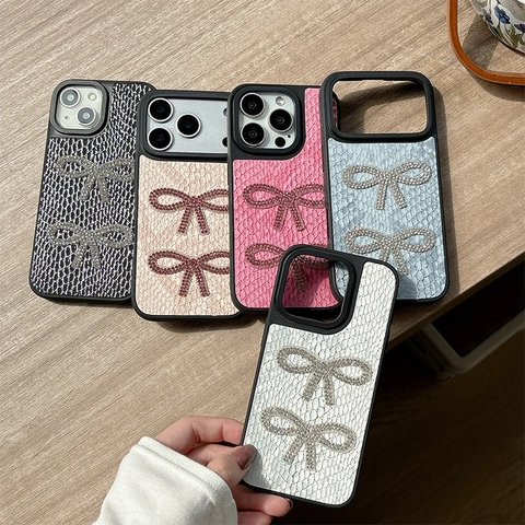 Funda De Teléfono Elegante De Cuero Sintético Con Lazo De Mariposa De Diamantes De Imitación Textura De Serpiente Antichoc