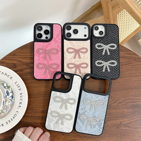 Funda De Teléfono Elegante De Cuero Sintético Con Lazo De Mariposa De Diamantes De Imitación Textura De Serpiente Antichoc