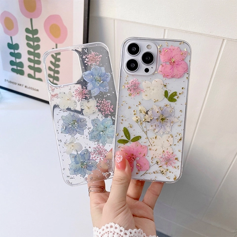 Transparent Smartphone Case With Real Dried Flowers And Gold Foil Glitter Sparkly Soft TPU Protective Cover For Women