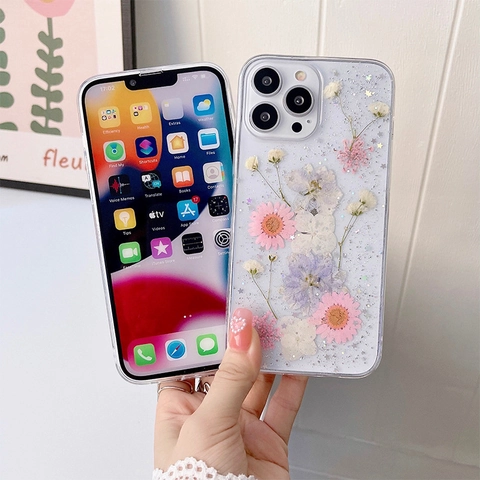 Transparent Smartphone Case With Real Dried Flowers And Gold Foil Glitter Sparkly Soft TPU Protective Cover For Women