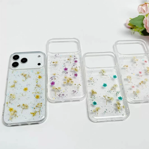 Real Dried Flower Phone Case Clear TPU Glitter Star Sequins Shockproof Protective Cover Artistic Style For Women