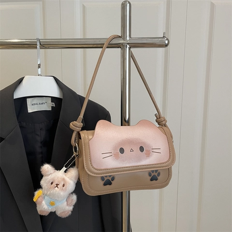 Borsa a Tracolla Piccola Quadrata in Pelle PU a Forma di Gatto Animato con Ciondolo in Peluche per Donna Casual