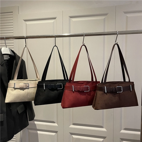 Bolso de Axila de Gamuza Vintage para Mujer Bolso de Hombro Textura Esmerilada Bolso Minimalista con Hebilla de Cinturón Cremallera Color Sólido Bolso de Moda
