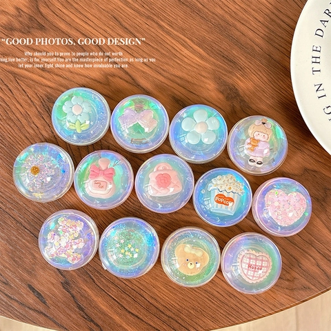 Cute Round Holographic Phone Grip Stand Expanding Airbag Holder With 3D Resin Cartoon Flower Heart Bear For Smartphone