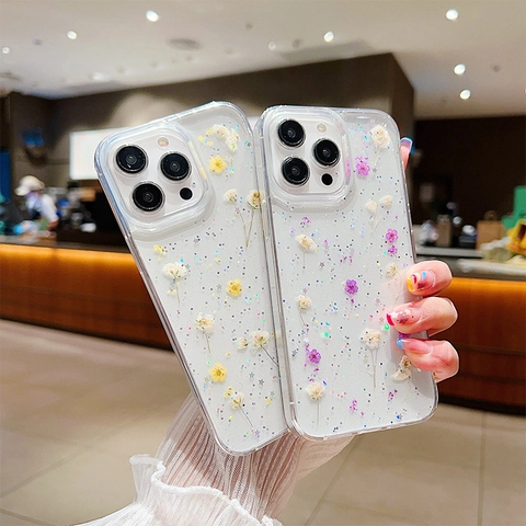 Real Dried Flower Phone Case Clear TPU Glitter Star Sequins Shockproof Protective Cover Artistic Style For Women