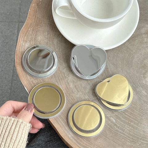 Plastic Magnetic Mirror Phone Holder Heart Round Folding Airbag Stand Telescopic Mobile Grip Makeup Mirror Simple Desktop Support