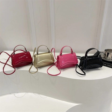 Women's Mini Patent PU Leather Shoulder Bag Fashion Hourglass Curved Bottom Crossbody Bag Solid Color Top Handle Satchel Bag