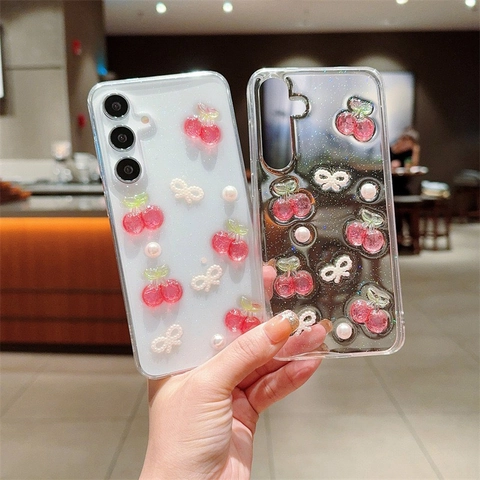 Cherry Artificial Pearl Bow Phone Case For Samsung Galaxy Transparent Glitter TPU Silicone Sweet Girly Korean Style Shockproof Cover