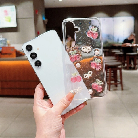 Cherry Artificial Pearl Bow Phone Case For Samsung Galaxy Transparent Glitter TPU Silicone Sweet Girly Korean Style Shockproof Cover