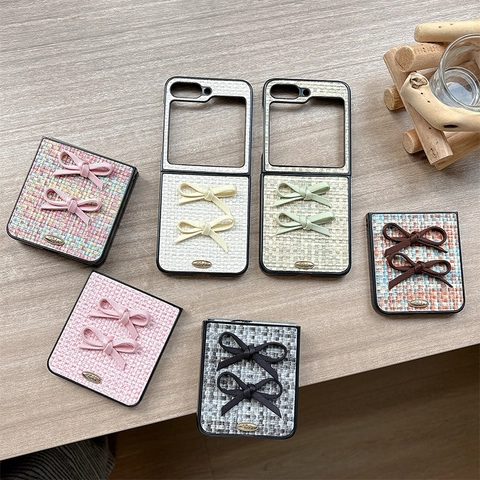 Woven Tweed Fabric Phone Case With Double Bowknot For Samsung Z Flip Fold Elegant Small Fragrance Style For Women