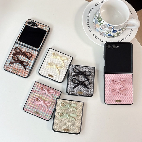 Woven Tweed Fabric Phone Case With Double Bowknot For Samsung Z Flip Fold Elegant Small Fragrance Style For Women