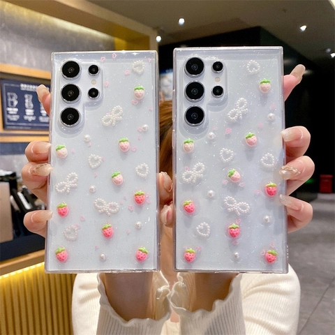 Sweet Strawberry Artificial Pearl Bow Heart Transparent Glitter TPU Phone Case For S25 Ultra S24 FE Shockproof Back Cover Shell