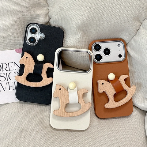 Funda Para Teléfono De Caballito De Madera Textura Lychee Cuero PU Cubierta Protectora Con Adorno De Madera Y Correa