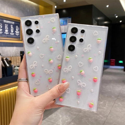 Sweet Strawberry Artificial Pearl Bow Heart Transparent Glitter TPU Phone Case For S25 Ultra S24 FE Shockproof Back Cover Shell