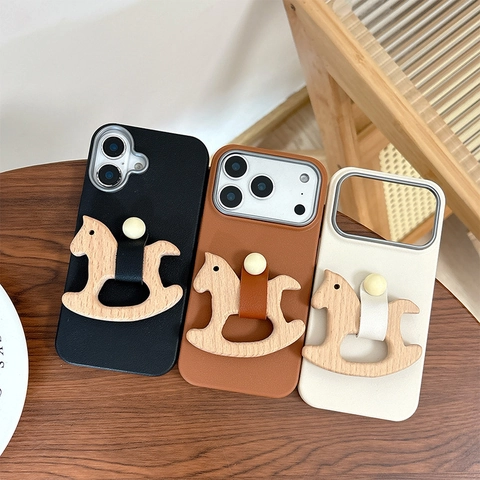 Funda Para Teléfono De Caballito De Madera Textura Lychee Cuero PU Cubierta Protectora Con Adorno De Madera Y Correa