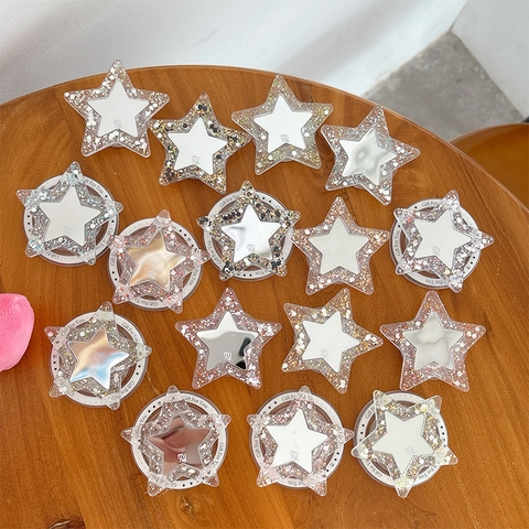 Stervormige Telefoonhouder Magnetisch Uitschuifbaar Met Mini Spiegel Glitter Pailletten Hars Voor Smartphone