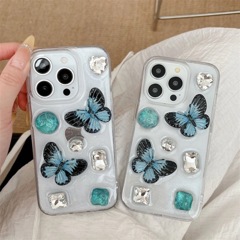 Custodia Per Telefono Farfalla Blu 3D Strass Glitter Trasparente Per iPhone 16 15 14 13 12 11 Pro Max Lusso Antiurto