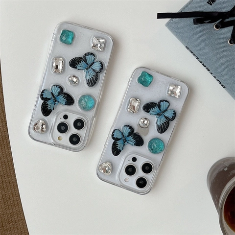 Custodia Per Telefono Farfalla Blu 3D Strass Glitter Trasparente Per iPhone 16 15 14 13 12 11 Pro Max Lusso Antiurto