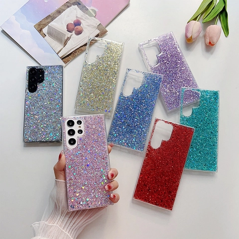 Glitter Phone Case For S24 Ultra S23 Plus S25 Shockproof TPU Soft Sparkling Sequin Laser Luxury Back Protective Cover