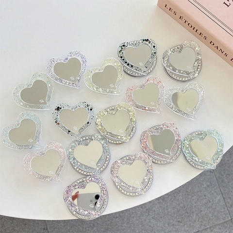 Supporto Magnetico Per Telefono Cuore Con Specchio Trucco Glitter Strass Bling Stile Coreano Supporto Pieghevole Per Cellulare