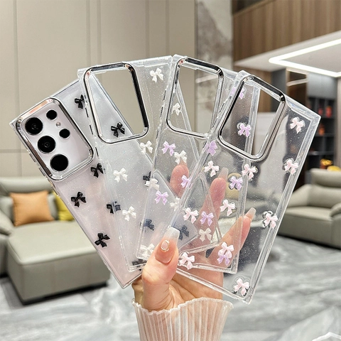 Ins Style Bowknot Phone Case For Samsung S25 Ultra S24 Plus Transparent Glitter Epoxy Cover Girly 3D Bow Decoration