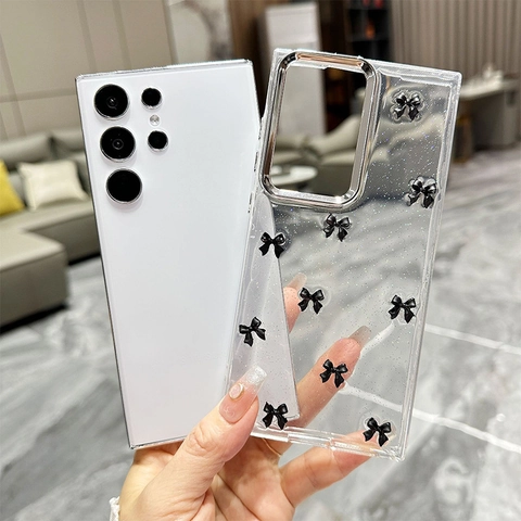 Ins Style Bowknot Phone Case For Samsung S25 Ultra S24 Plus Transparent Glitter Epoxy Cover Girly 3D Bow Decoration