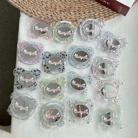 Vlinder Telefoonhouder Magnetisch Uitschuifbaar Hars Pailletten Glitter Met Ingebouwde Spiegel Make-up Tool