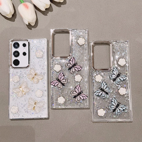 3D Butterfly White Rose Phone Case Glitter Transparent TPU Shockproof Electroplated Frame Back Cover For Smartphone