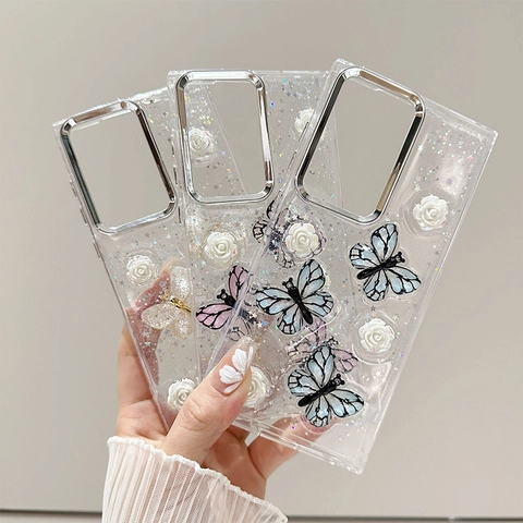3D Butterfly White Rose Phone Case Glitter Transparent TPU Shockproof Electroplated Frame Back Cover For Smartphone