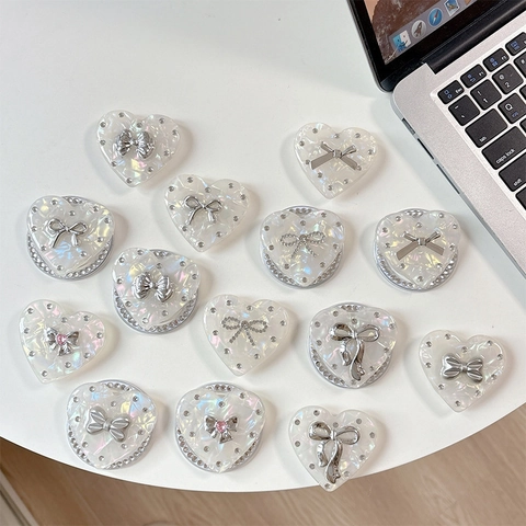 Supporto Magnetico Per Telefono A Forma Di Cuore Trama Perla Artificial Strass Fiocco In Metallo Per Smartphone