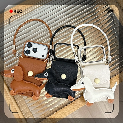 Funda De Teléfono Perro Salchicha Lindo Cuero PU Patrón Lichi Cartera Ranura Para Tarjeta Correa Para IPhone
