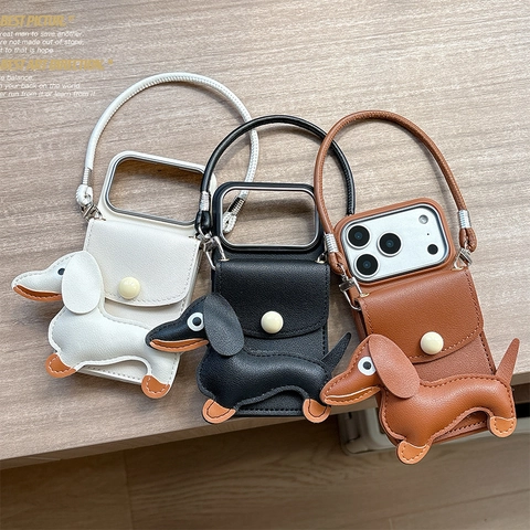 Funda De Teléfono Perro Salchicha Lindo Cuero PU Patrón Lichi Cartera Ranura Para Tarjeta Correa Para IPhone