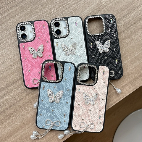 Luxury Rhinestone Butterfly Phone Case For iPhone Crocodile Texture PU Leather With Artificial Pearl Bowknot Pendant Elegant Cover