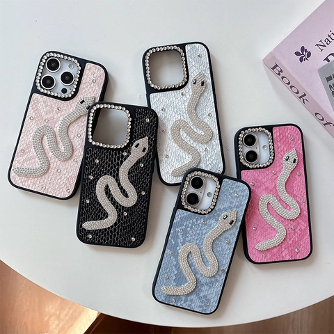 Funda De Lujo Para Teléfono De Cuero PU Con Patrón De Serpiente Y Serpiente De Diamantes De Imitación Protector