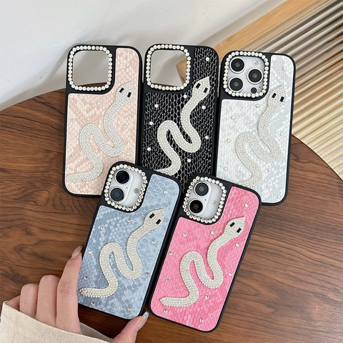 Funda De Lujo Para Teléfono De Cuero PU Con Patrón De Serpiente Y Serpiente De Diamantes De Imitación Protector