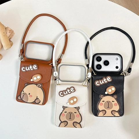 Capybara Cartoon PU Leather Phone Case And Lanyard Wallet Card Holder Flip Crossbody Strap Protective Cover For Mobile Phone