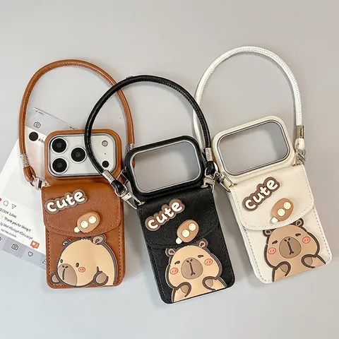 Capybara Cartoon PU Leather Phone Case And Lanyard Wallet Card Holder Flip Crossbody Strap Protective Cover For Mobile Phone