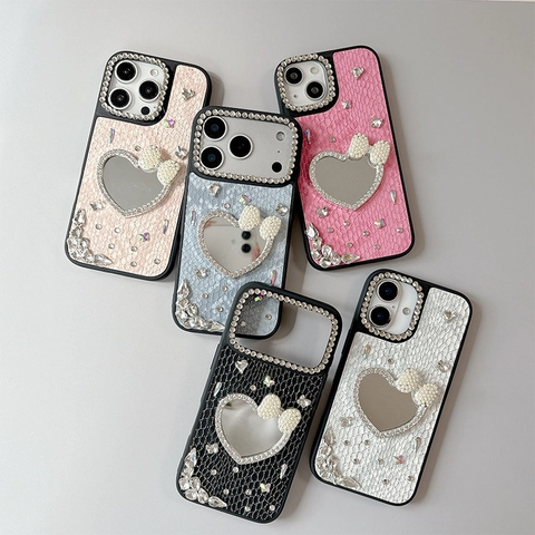 Luxury Heart Mirror Phone Case Snake Texture Faux Leather Rhinestone Artificial Pearl Bowknot For iPhone 16 15 14 13 12 11