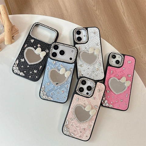 Luxury Heart Mirror Phone Case Snake Texture Faux Leather Rhinestone Artificial Pearl Bowknot For iPhone 16 15 14 13 12 11
