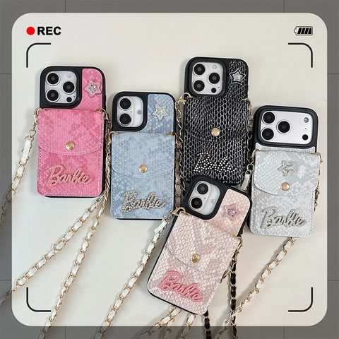 Smartphone Case Snake Skin Texture Wallet Crossbody Chain Strap Faux Leather Card Holder Star Decor Fashionable Cover