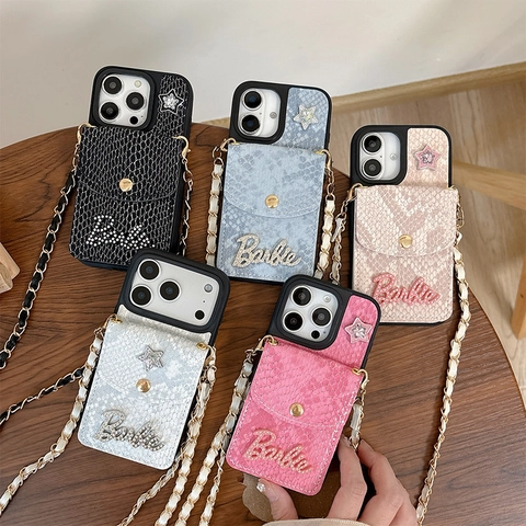 Smartphone Case Snake Skin Texture Wallet Crossbody Chain Strap Faux Leather Card Holder Star Decor Fashionable Cover