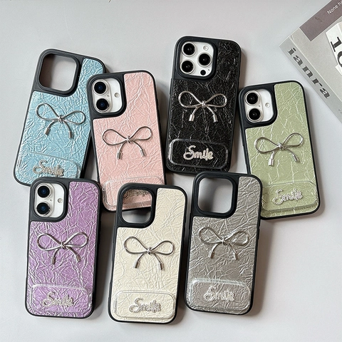 Faux Leather Phone Case With Metal Bowknot Mirror Bracket Rhinestone Smile Design Elegant Wrinkled Texture Protective Cover