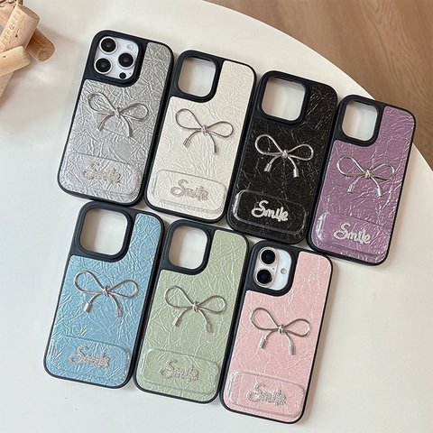 Faux Leather Phone Case With Metal Bowknot Mirror Bracket Rhinestone Smile Design Elegant Wrinkled Texture Protective Cover